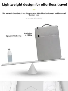 Ultralight 0.22kg grey fabric laptop sleeve compared with a 550ml water bottle weight