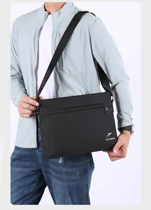 Close-up of a black business messenger bag with adjustable strap and brand logo