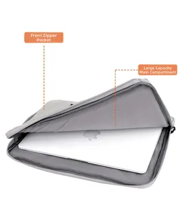 Light gray laptop sleeve with front zipper pocket and protective interior lining