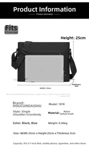 Detailed chart showing oxford nylon messenger bag dimensions 33x25x5cm for 9.7 inch iPad