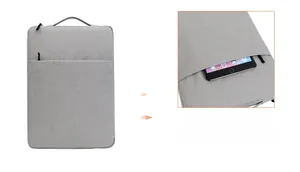 Detailed view of the front zipper pocket on a light gray laptop bag for tech accessories
