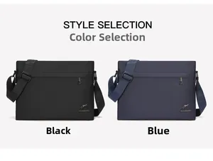 Side-by-side view of black and navy blue business messenger bags in matte oxford fabric