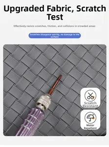 Detailansicht des kratzfesten grauen Webstoffs beim Haltbarkeitstest mit Metallwerkzeug