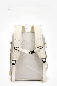 Detail of breathable mesh back panel and adjustable chest straps on travel backpack
