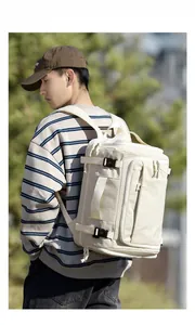 Side view of cream outdoor backpack with adjustable buckles and functional zipper pockets