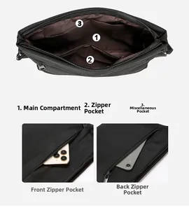 Detail showing multiple compartments including main pocket and zip storage in nylon bag