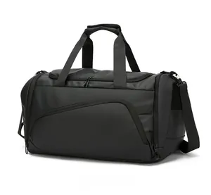 Detail view of large travel bag with side ventilated compartment and adjustable straps
