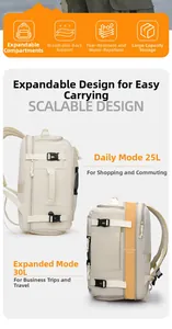 Detail view of the 25L to 30L expandable backpack compartment with water-resistant fabric