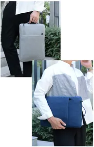Business style laptop sleeve bag with handle showing grey and navy fabric textures