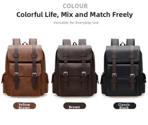 Business vintage PU leather backpack in yellow brown, deep brown, and black colors