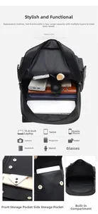 Detail showing high-capacity PU leather backpack compartments for 15.6-inch laptop storage