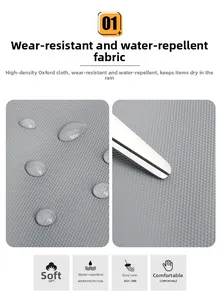 Close-up of water-resistant oxford fabric texture with droplets on grey backpack