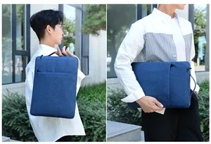 Outdoor shot of the dark blue canvas laptop bag shown with handles and side pocket