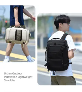 Detail view of urban outdoor backpack showing multiple zip compartments and side straps