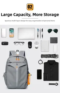Flat lay of gray waterproof backpack showing large capacity storage for 15-inch laptop