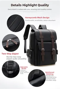 Detail view of breathable honeycomb mesh back and reinforced stitching on PU leather backpack