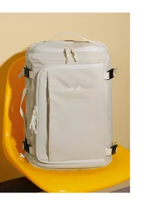 Detailed side view of the large-capacity travel backpack with buckle straps and side zippers