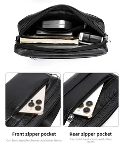 Detailansicht der schwarzen Brusttasche mit Ledernarbung und mehreren Reißverschlussfächern