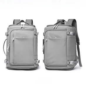 Detail view of large grey outdoor backpack with breathable mesh straps and side buckles