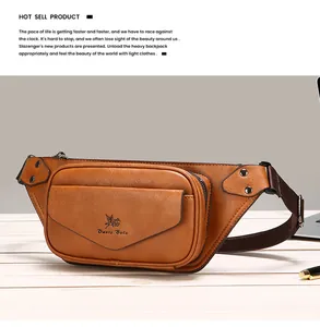 Macro shot of brown leather waist bag with textured finish and metal zipper details