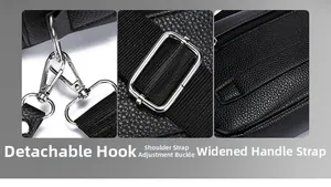 Details van zilveren hardware, afneembare haak en breed handvat op zwarte leren tas