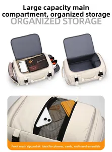 Detail view of large capacity travel bag featuring organized storage and front mesh pocket