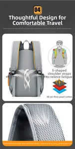 Detail of ergonomic S-shape shoulder straps and breathable 3D mesh back of the grey backpack