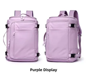 Front and side view of expandable purple travel backpack with padded shoulder straps
