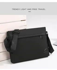 Detail of waterproof Oxford fabric and metal kangaroo logo on black men messenger bag