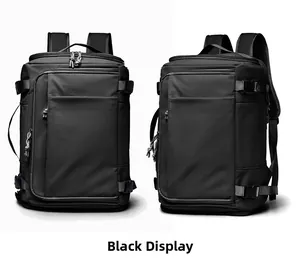 Detailed views of the black waterproof travel backpack showing pockets and side handle