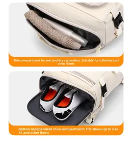 Detail view of dry-wet separation pocket and independent shoe compartment for travel backpack