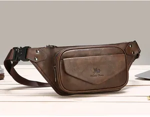 Close-up of vintage brown leather waist bag with adjustable strap and buckle closure