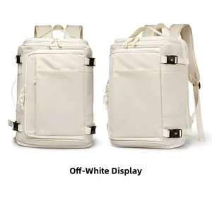 Detail view of off-white minimalist backpack showing buckles and breathable straps