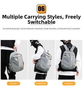 Detailed views of gray waterproof backpack showing tote, shoulder, and back carrying modes