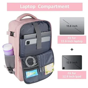 Pink large travel backpack with 15.6 inch laptop compartment and tablet storage slots
