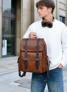 Brown PU leather backpack with vintage buckles worn by model in outdoor setting