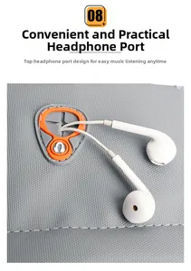 Detail of gray fabric backpack featuring a rubber headphone port with wired earphones