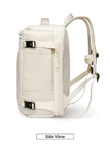 Detail of beige outdoor backpack featuring side buckle straps and breathable mesh padding