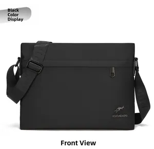 Front view of black Oxford cloth men's messenger bag with adjustable shoulder strap