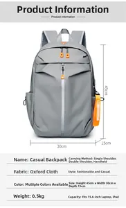 Detailed size specifications for a lightweight 45x30x15cm gray oxford leisure backpack