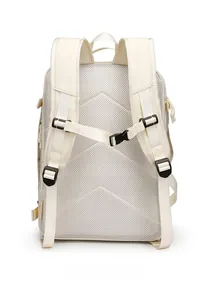 Detail view of the breathable mesh back panel and padded S-shape straps on a travel backpack