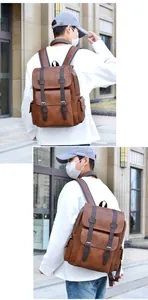 Detail view of the brown vintage PU leather backpack showing side pockets and flap straps