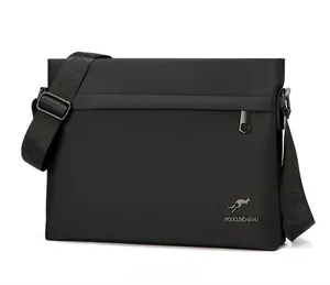 Detail view of the black nylon shoulder bag featuring a kangaroo logo and zip pocket