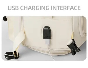 Detail of laptop backpack showing external USB charging port and durable nylon fabric