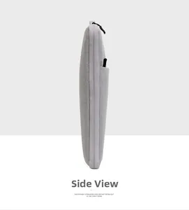 Side view detail of a slim grey laptop sleeve showing the pencil slot and zipper