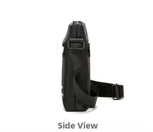 Side view of black oxford fabric messenger bag with adjustable shoulder strap