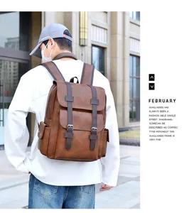 Detail of vintage brown PU leather backpack with decorative metal buckle straps