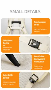 Detail of backpack luggage strap, side buckles, and breathable honeycomb mesh back padding