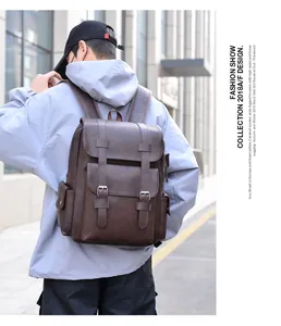 Close-up of a vintage dark brown leather backpack on a model with urban street background