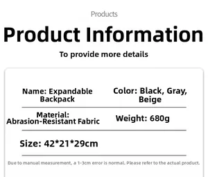 Detailed specifications chart for the expandable laptop backpack showing size and weight